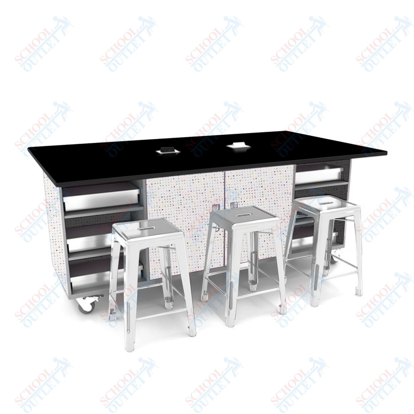 CEF ED Double Table 42"H Tough Top, Laminate Base with 6 Stools, Storage bins, and Electrical Outlets Included. - SchoolOutlet