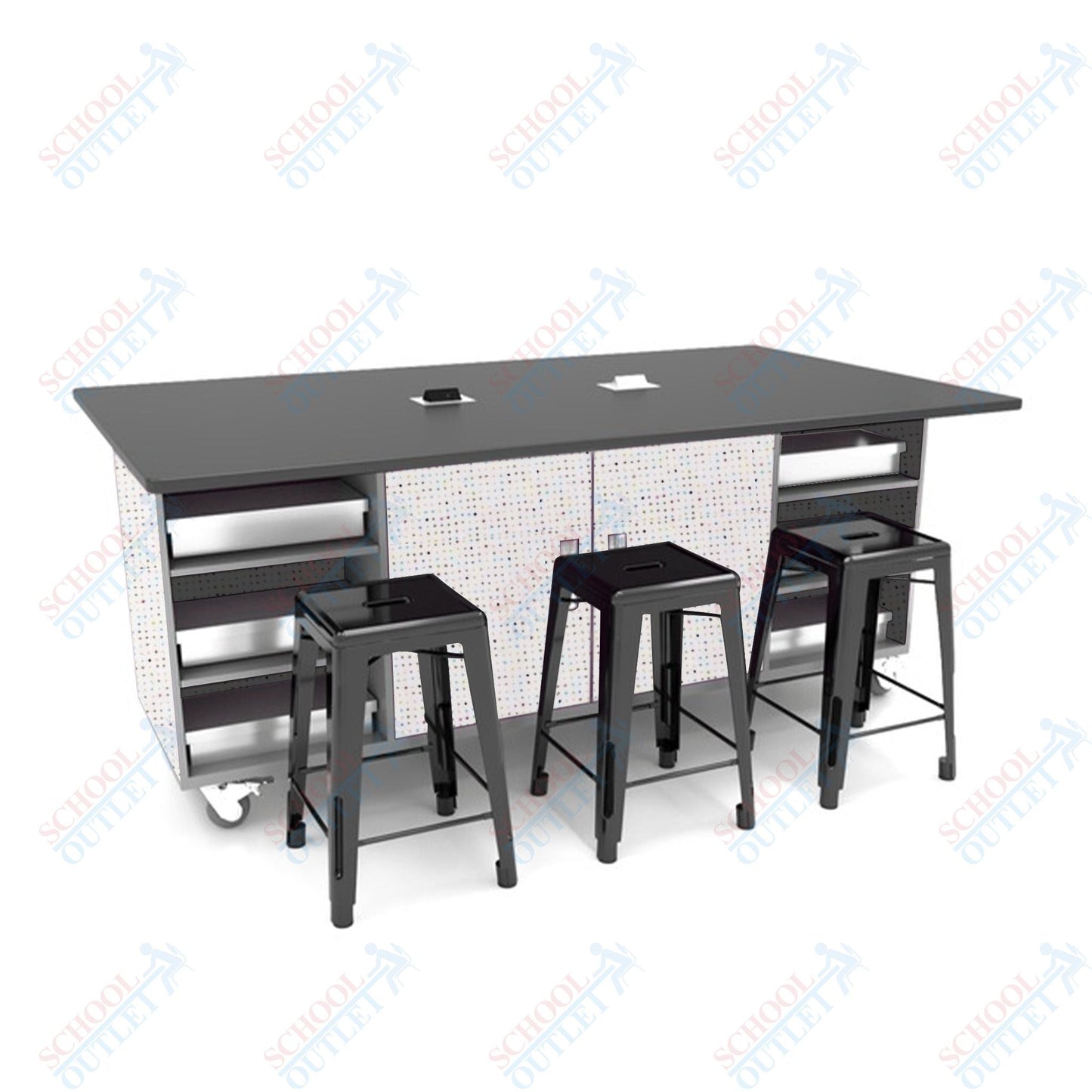 CEF ED Double Table 42"H Tough Top, Laminate Base with 6 Stools, Storage bins, and Electrical Outlets Included. - SchoolOutlet