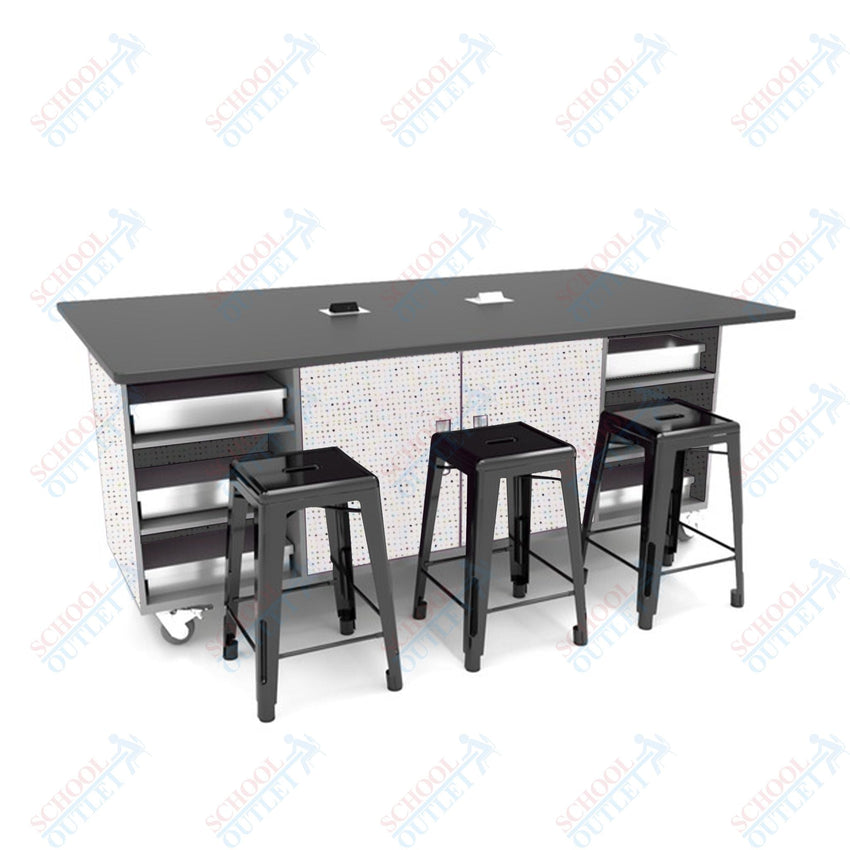 CEF ED Double Table 42"H Tough Top, Laminate Base with 6 Stools, Storage bins, and Electrical Outlets Included. - SchoolOutlet