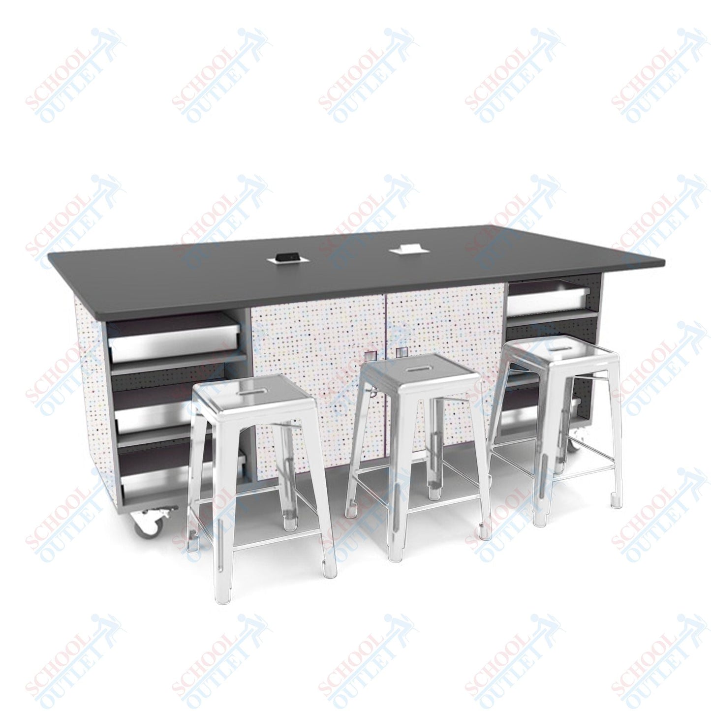 CEF ED Double Table 42"H Tough Top, Laminate Base with 6 Stools, Storage bins, and Electrical Outlets Included. - SchoolOutlet