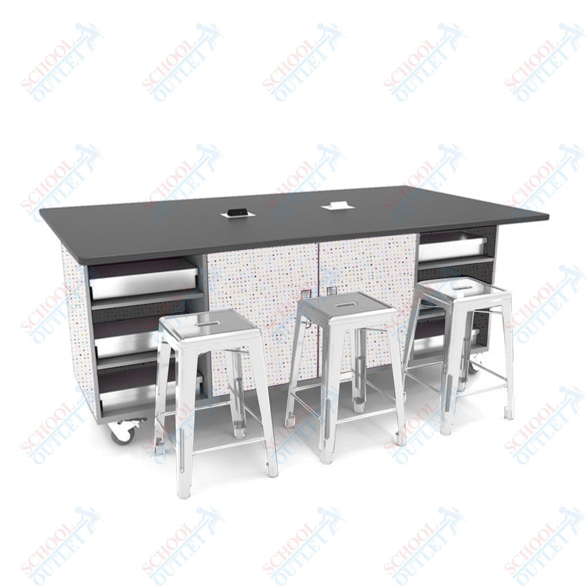 CEF ED Double Table 42"H Tough Top, Laminate Base with 6 Stools, Storage bins, and Electrical Outlets Included. - SchoolOutlet