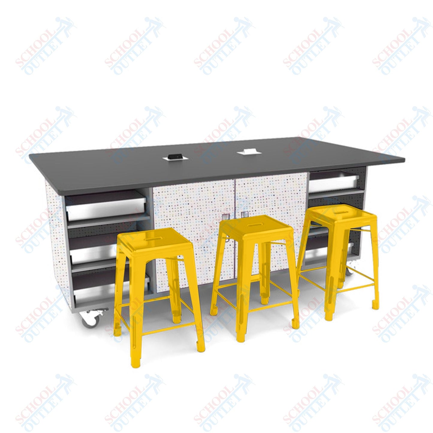 CEF ED Double Table 42"H Tough Top, Laminate Base with 6 Stools, Storage bins, and Electrical Outlets Included. - SchoolOutlet