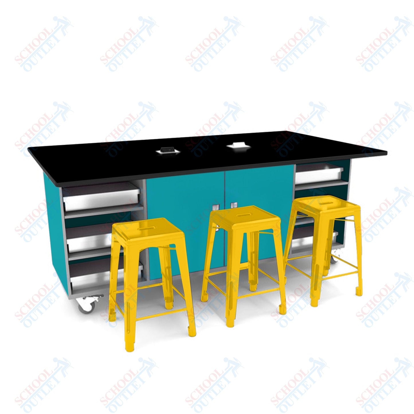 CEF ED Double Table 42"H Tough Top, Laminate Base with 6 Stools, Storage bins, and Electrical Outlets Included. - SchoolOutlet