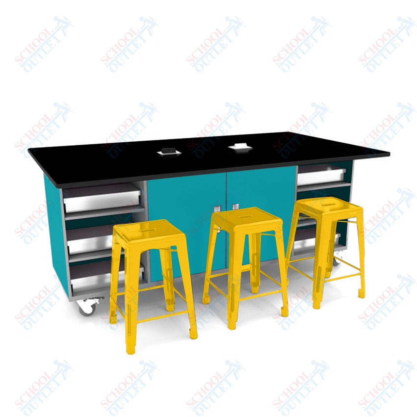 CEF ED Double Table 42"H Tough Top, Laminate Base with 6 Stools, Storage bins, and Electrical Outlets Included. - SchoolOutlet