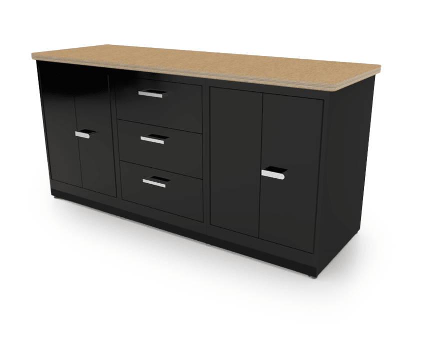 CEF Forge 3 - Pod Stationary Workstation - Heavy Duty Black Metal Cabinet with 3 Deep Drawers & 2 Double - Door Base (CEF - FORGE - FP - 3EB - DD - 3D - DD) - SchoolOutlet
