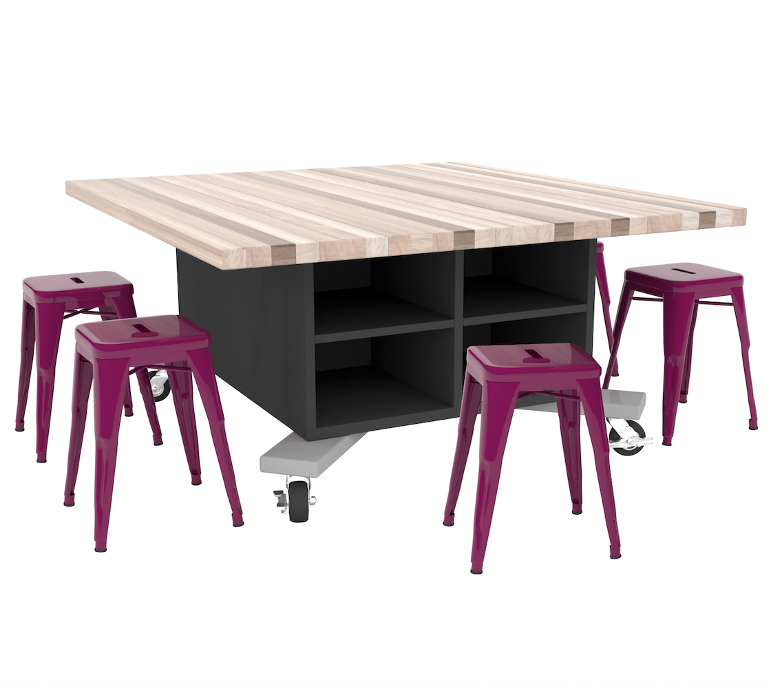 CEF Hideaway Storage Table 26"H - Single Sided Storage Cart with One Split Shelf and a High Pressure Laminate Top 49"W x 40"D with 4 Metal Stools Included - SchoolOutlet