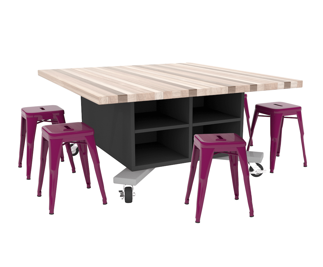 CEF Hideaway Storage Table 26"H - Double Sided Storage Cart with One Split Shelf and 6 Bins, High Pressure Laminate Top 49"W x 60"D with 6 Metal Stools Included - SchoolOutlet