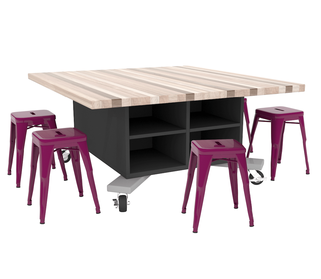 CEF Hideaway Storage Table 26"H - Double Sided Storage Cart with One Split Shelf and a High Pressure Laminate Top 49"W x 60"D, 6 Metal Stools Included - SchoolOutlet