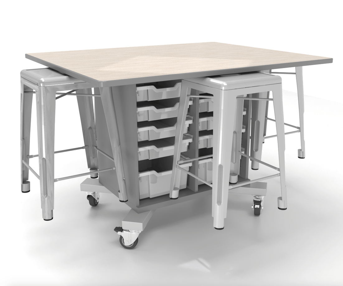 CEF Hideaway Storage Table 34"H - Single Sided 10 Bin Storage Cart and a High Pressure Laminate Top 49"W x 40"D with 4 Metal Stools Included - SchoolOutlet