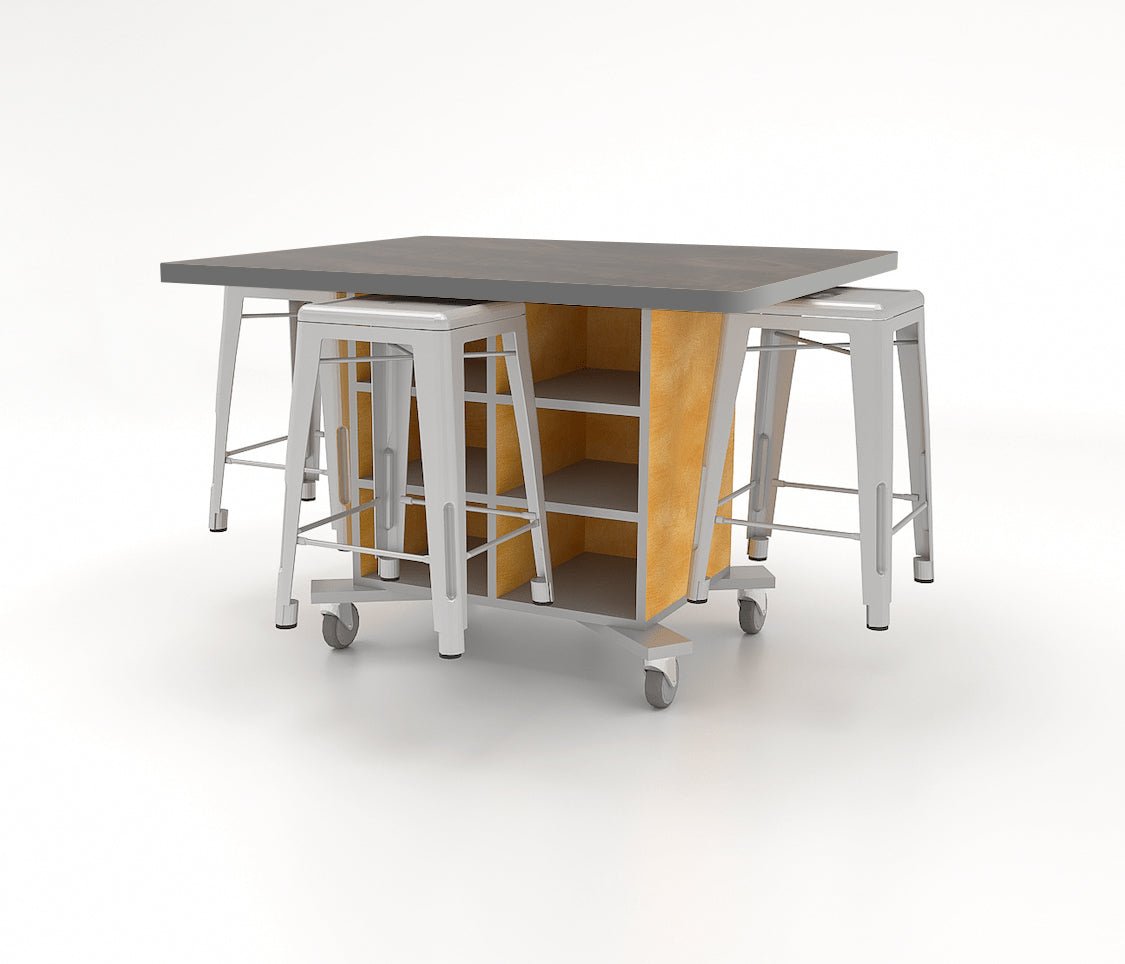 CEF Hideaway Storage Table 34"H - Single Sided Storage Cart with Two Split Shelves and a High Pressure Laminate Top 48"W x 40"D with 4 Metal Stools Included - SchoolOutlet