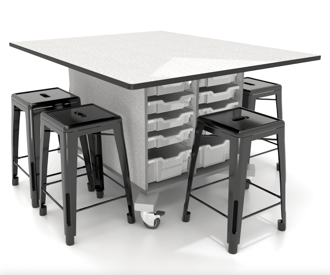 CEF Hideaway Storage Table 34"H - Double Sided 20 Bin Storage Cart and a High Pressure Laminate Top 49"W x 60"D with 6 Metal Stools Included - SchoolOutlet