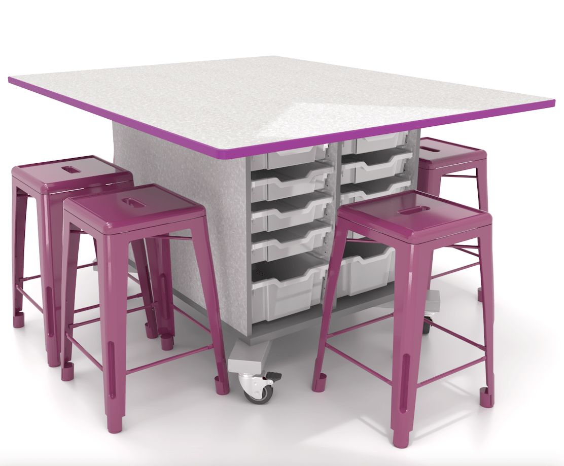 CEF Hideaway Storage Table 34"H - Double Sided Storage with Two Split Shelves and 10 Bins, High Pressure Laminate Top 49"W x 60"D and 6 Metal Stools Included - SchoolOutlet