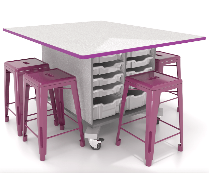 CEF Hideaway Storage Table 34"H - Double Sided Storage with Two Split Shelves and 10 Bins, High Pressure Laminate Top 49"W x 60"D and 6 Metal Stools Included - SchoolOutlet