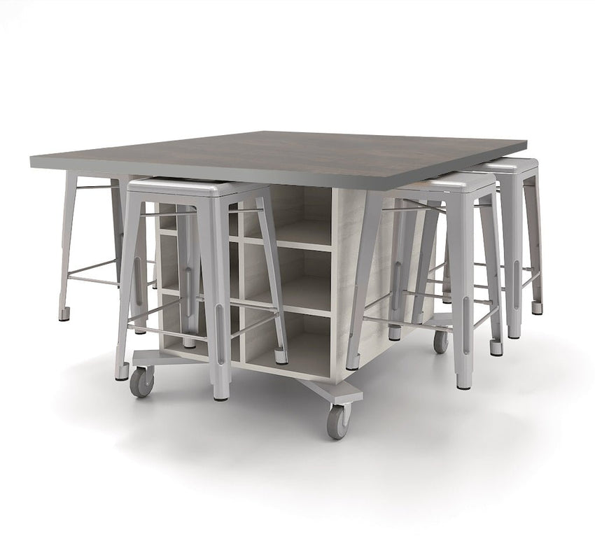 CEF Hideaway Storage Table 34"H - Double Sided Storage Cart with Two Split Shelves and a High Pressure Laminate Top 48"W x 60"D with 6 Metal Stools Included - SchoolOutlet