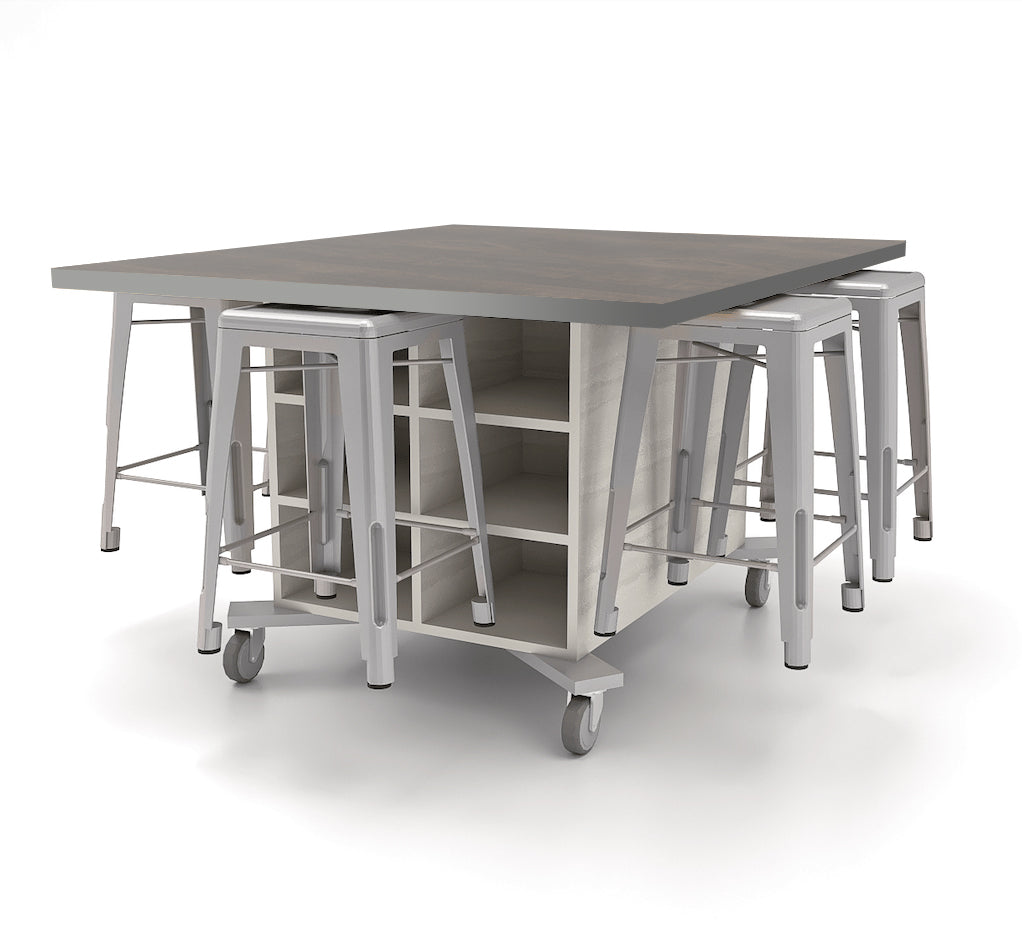CEF Hideaway Storage Table 34"H - Double Sided Storage Cart with Two Split Shelves and a High Pressure Laminate Top 48"W x 60"D with 6 Metal Stools Included