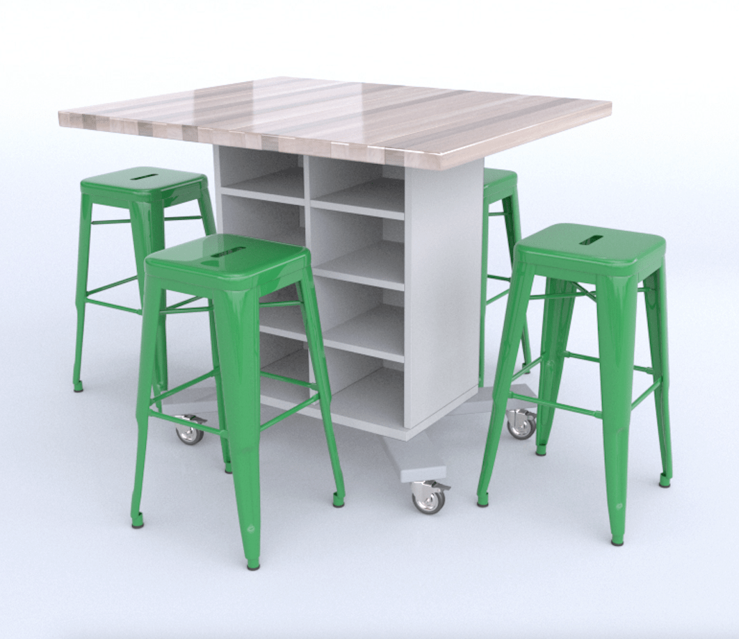 CEF Hideaway Storage Table 42"H - Single Sided Storage Cart with Split Shelves and a High Pressure Laminate Top 49"W x 40"D, 4 Metal Stools Included - SchoolOutlet