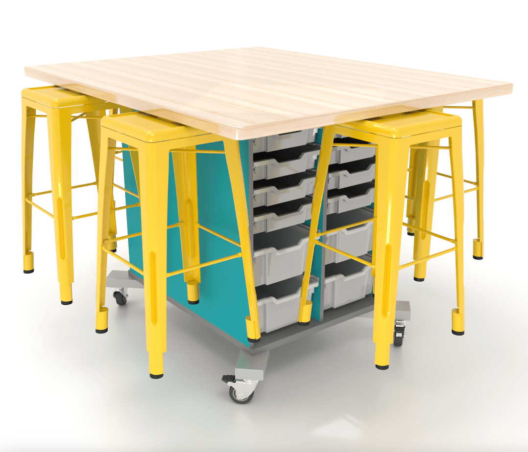 CEF Hideaway Storage Table 42"H - Double Sided 24 Bin Storage Cart and a High Pressure Laminate Top 49"W x 60"D with 6 Metal Stools Included - SchoolOutlet