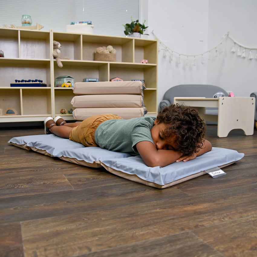 Children's Factory 1" Angels 4 Section Folding Rest Nap Mat - Fog Blue/Sand - SchoolOutlet