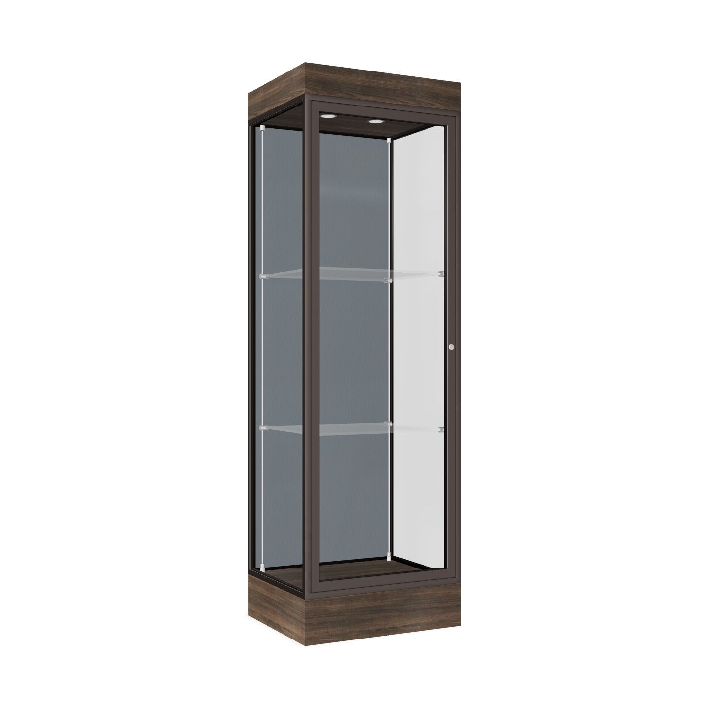 Ghent Edge Floor Display Case Lighted 6"H Laminate Base Finish, Aluminum Frame - 76"H x 24"W x 20"D (91LFXX)