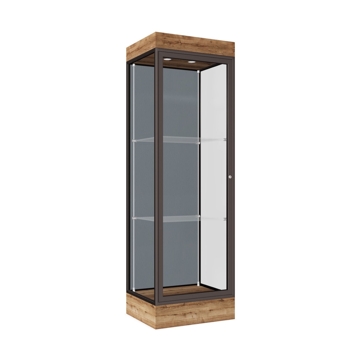 Ghent Edge Floor Display Case Lighted 6"H Laminate Base Finish, Aluminum Frame - 76"H x 24"W x 20"D (91LFXX)