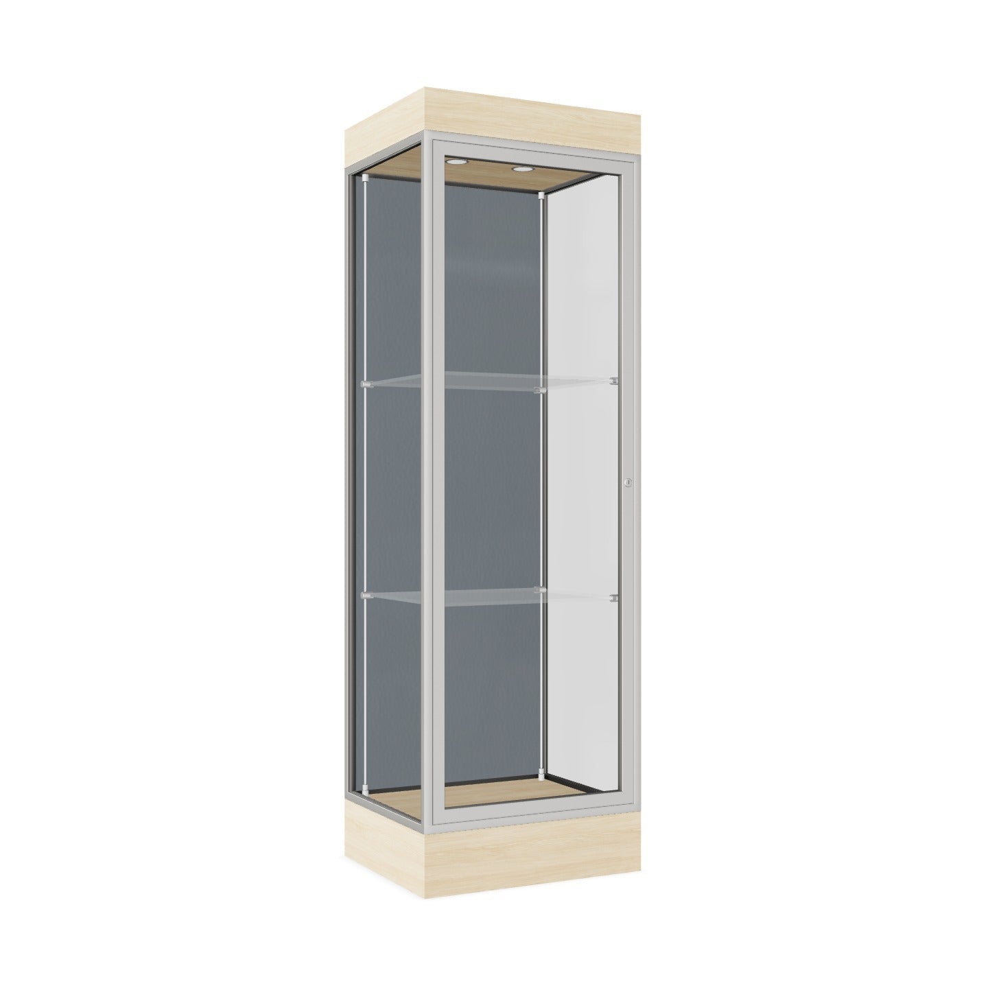Ghent Edge Floor Display Case Lighted 6"H Laminate Base Finish, Aluminum Frame - 76"H x 24"W x 20"D (91LFXX)
