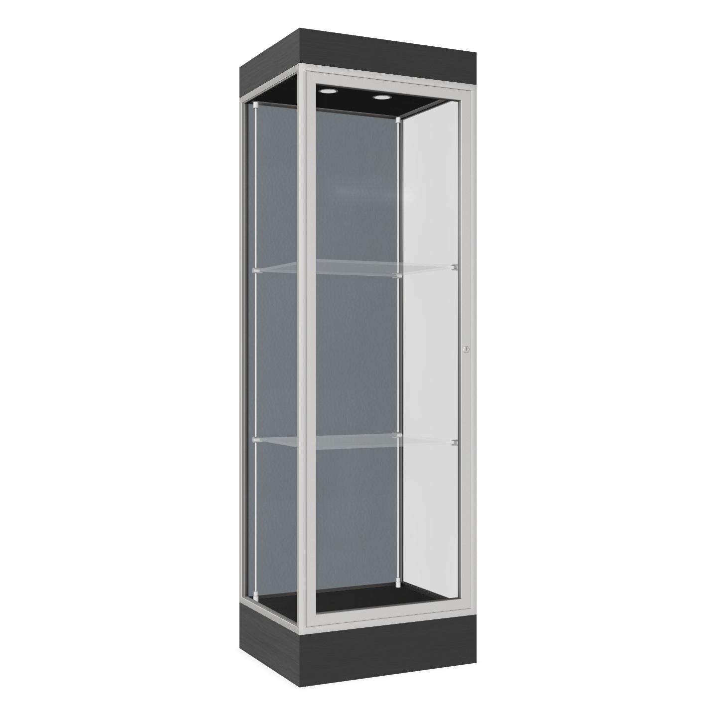 Ghent Edge Floor Display Case Lighted 6"H Laminate Base Finish, Aluminum Frame - 76"H x 24"W x 20"D (91LFXX)