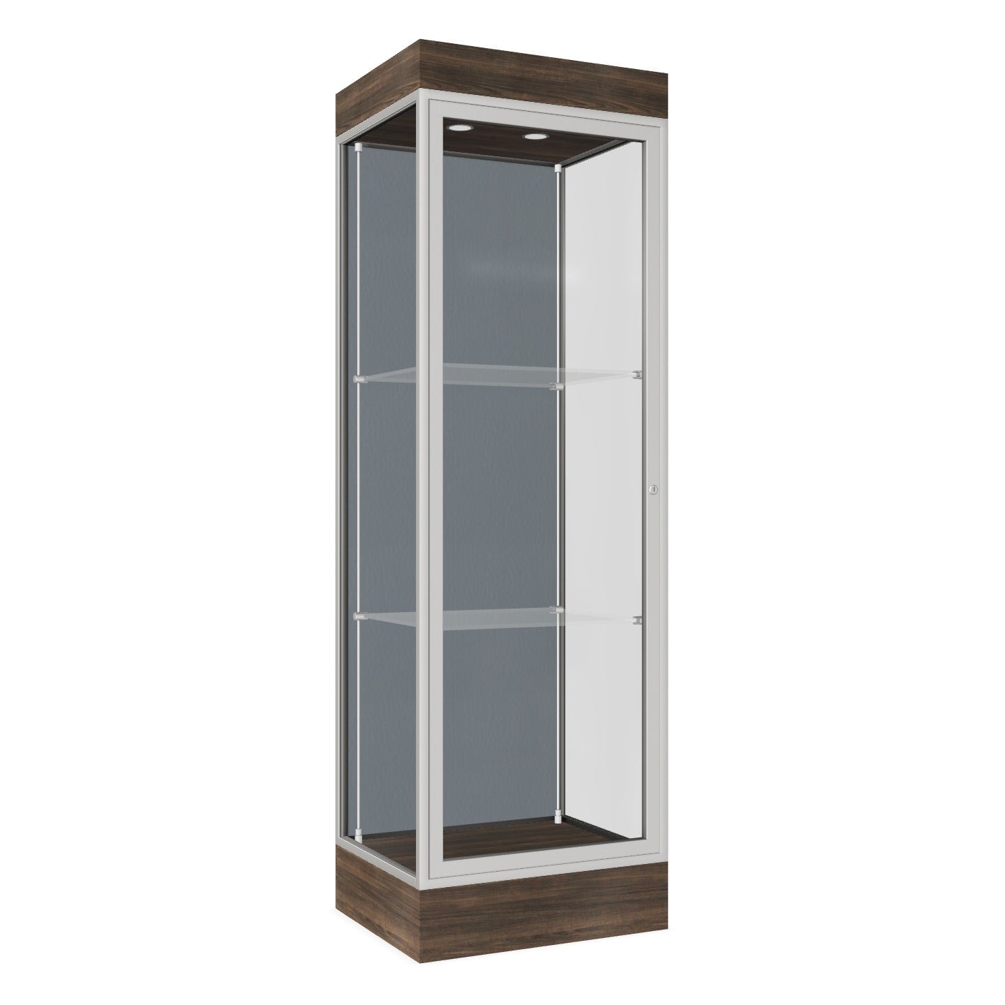 Ghent Edge Floor Display Case Lighted 6"H Laminate Base Finish, Aluminum Frame - 76"H x 24"W x 20"D (91LFXX)