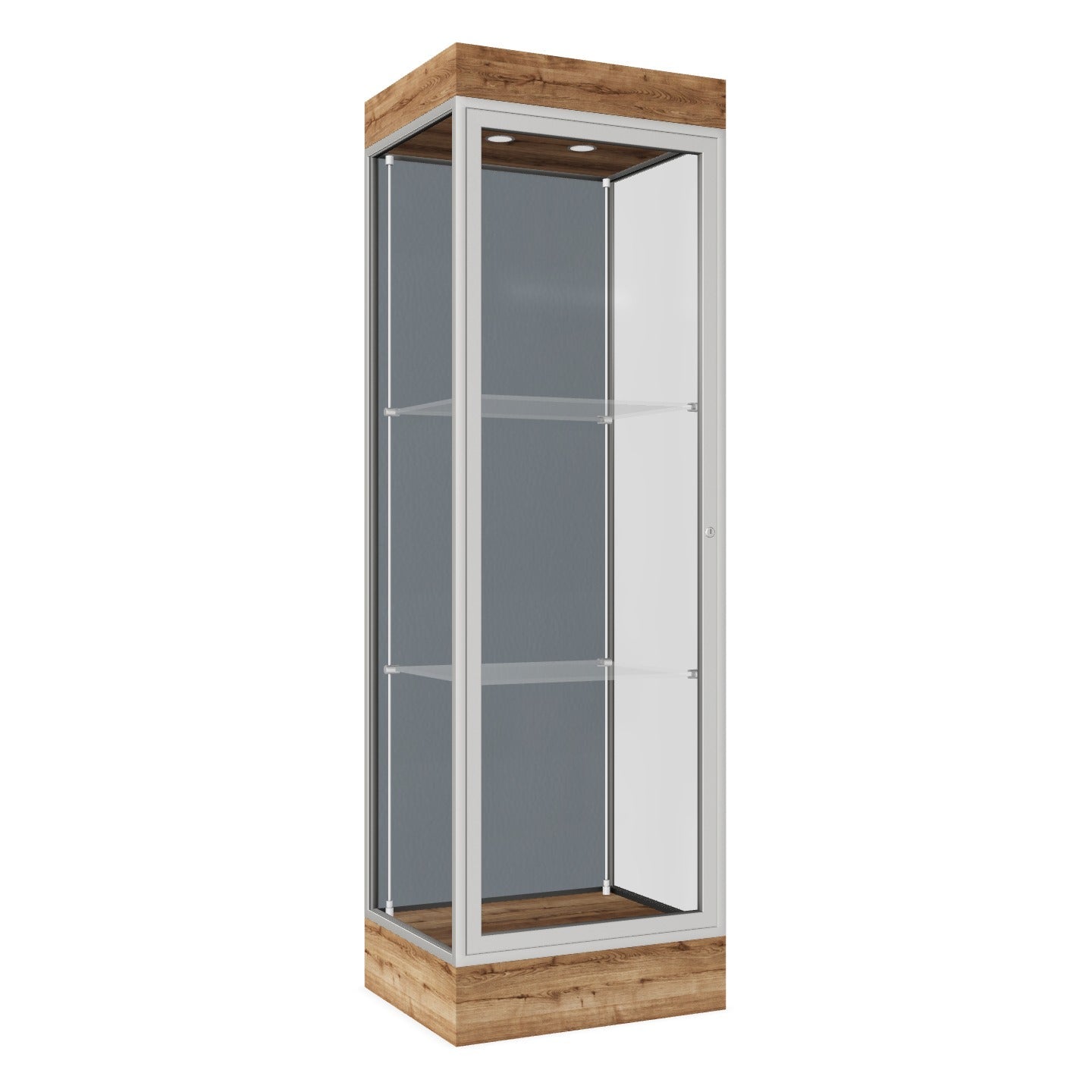 Ghent Edge Floor Display Case Lighted 6"H Laminate Base Finish, Aluminum Frame - 76"H x 24"W x 20"D (91LFXX)