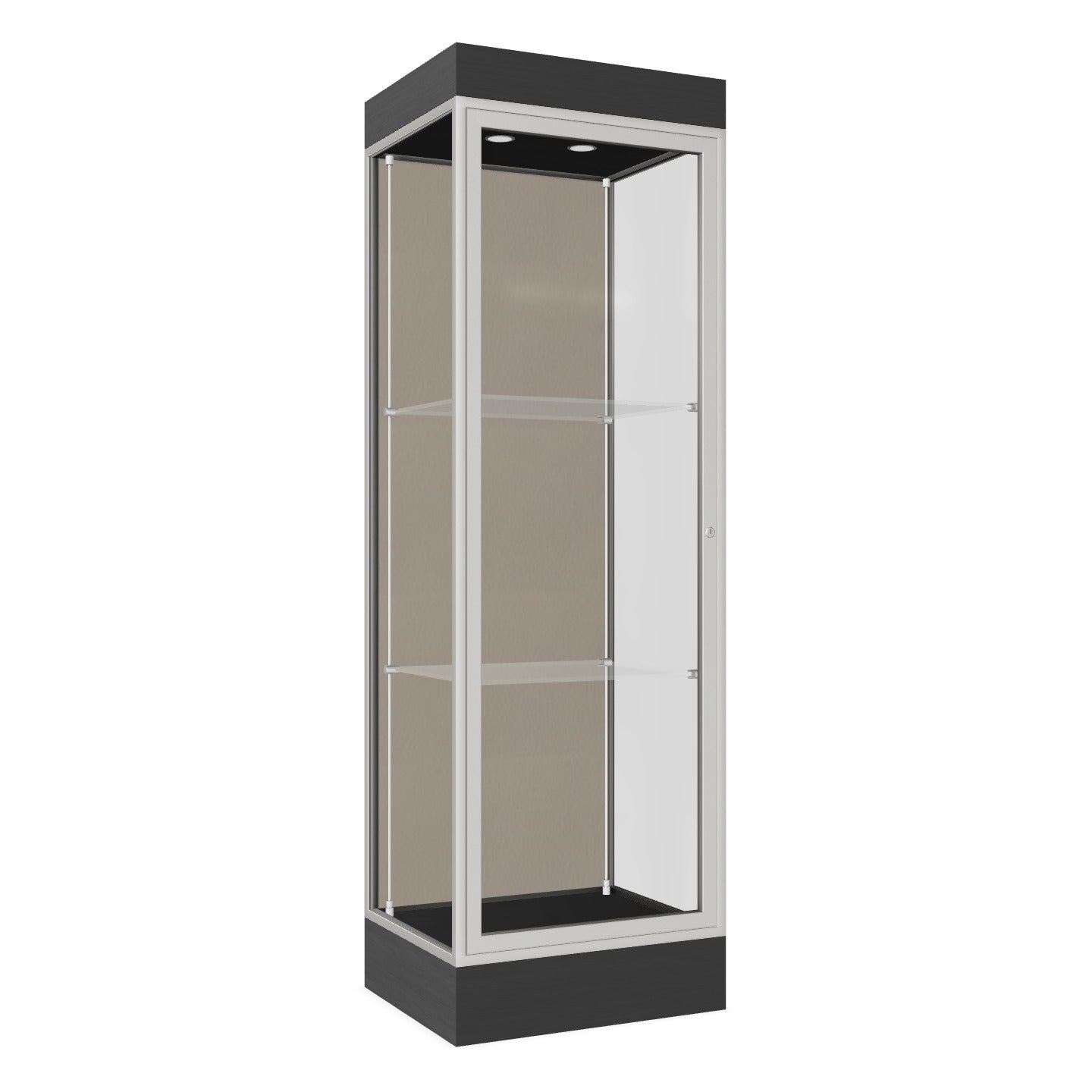 Ghent Edge Floor Display Case Lighted 6"H Laminate Base Finish, Aluminum Frame - 76"H x 24"W x 20"D (91LFXX)