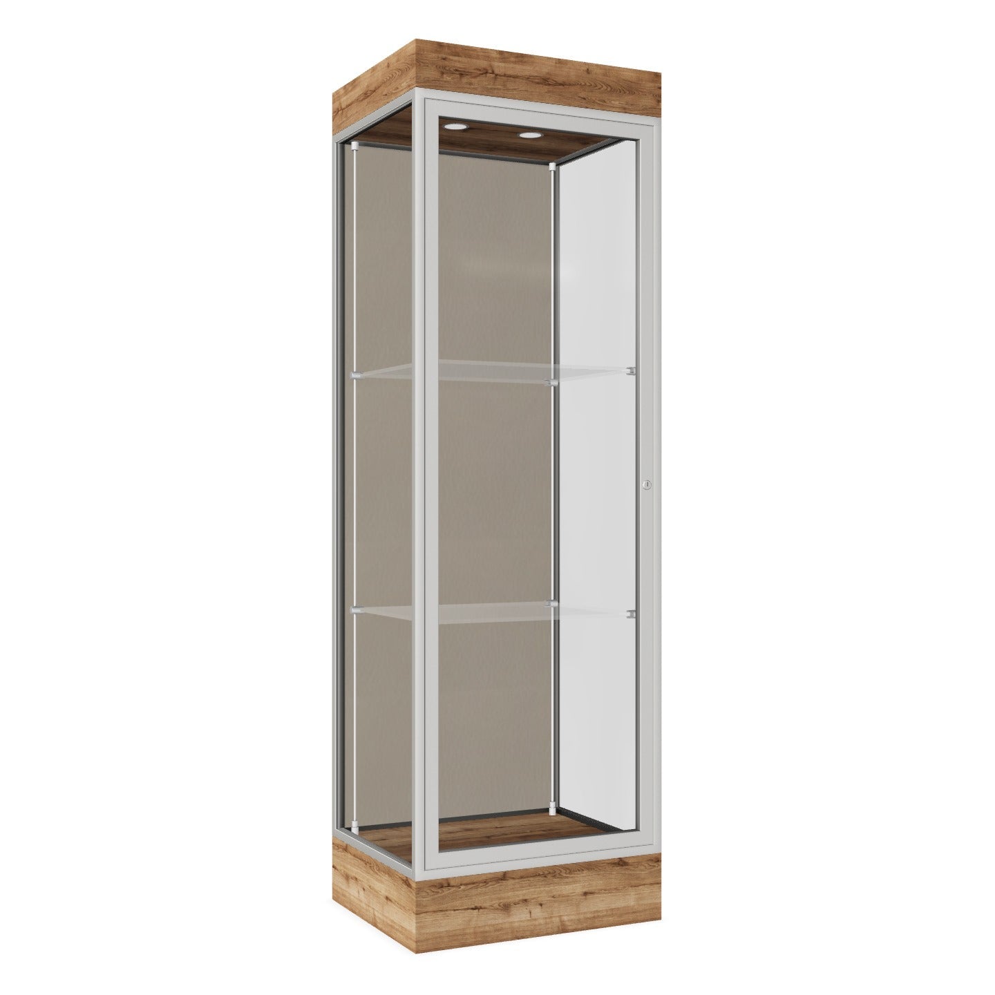 Ghent Edge Floor Display Case Lighted 6"H Laminate Base Finish, Aluminum Frame - 76"H x 24"W x 20"D (91LFXX)