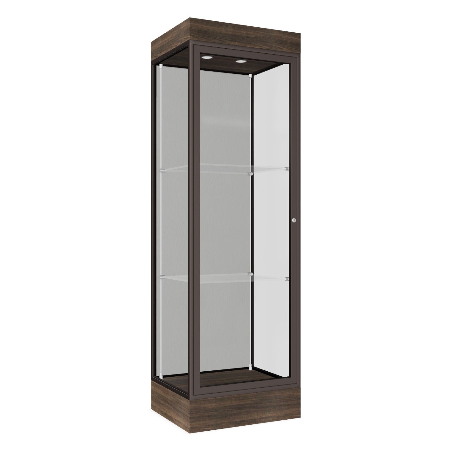 Ghent Edge Floor Display Case Lighted 6"H Laminate Base Finish, Aluminum Frame - 76"H x 24"W x 20"D (91LFXX)
