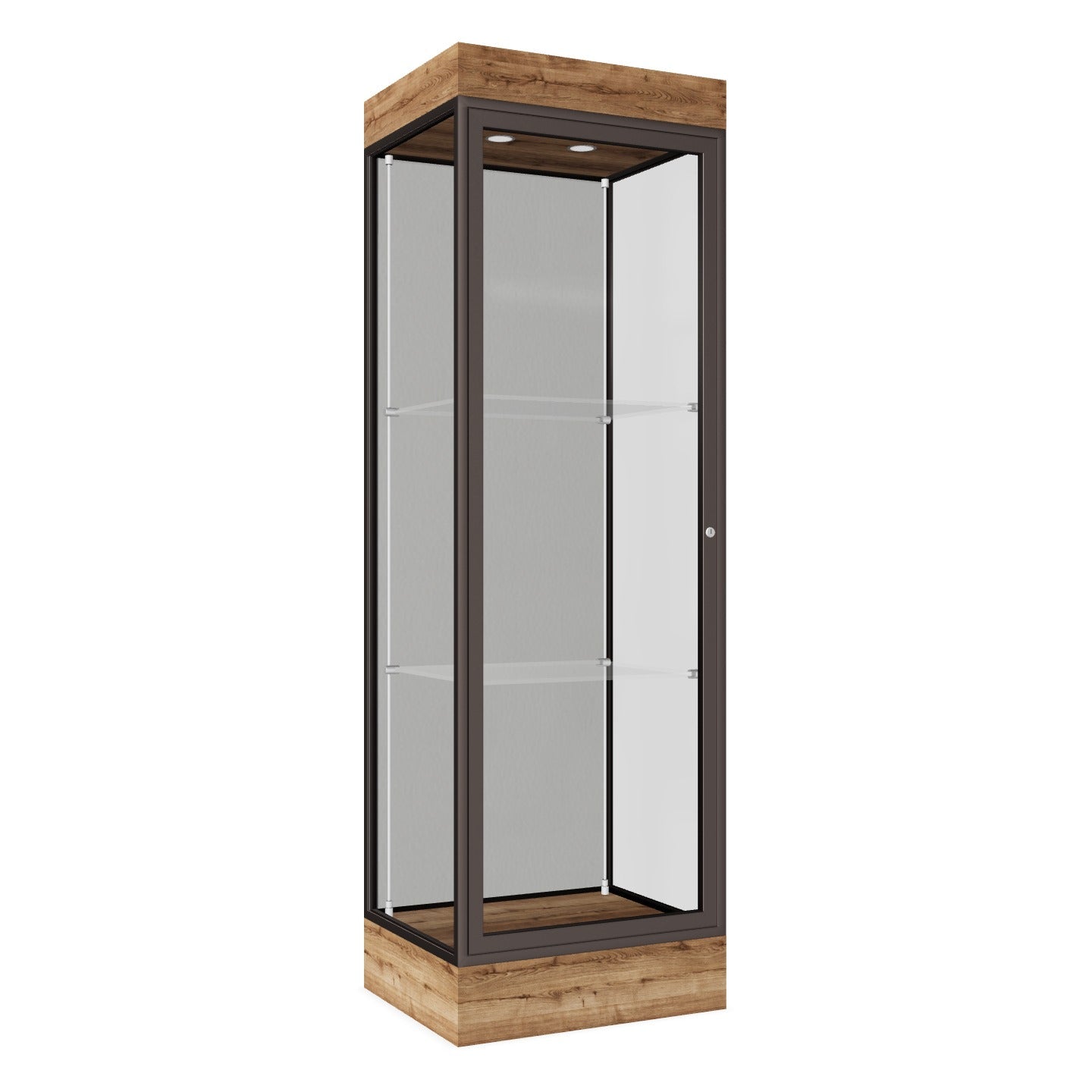 Ghent Edge Floor Display Case Lighted 6"H Laminate Base Finish, Aluminum Frame - 76"H x 24"W x 20"D (91LFXX)