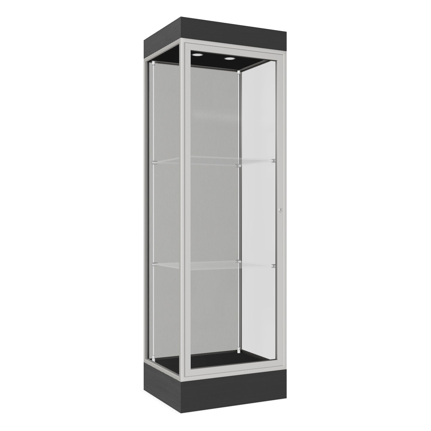 Ghent Edge Floor Display Case Lighted 6"H Laminate Base Finish, Aluminum Frame - 76"H x 24"W x 20"D (91LFXX)