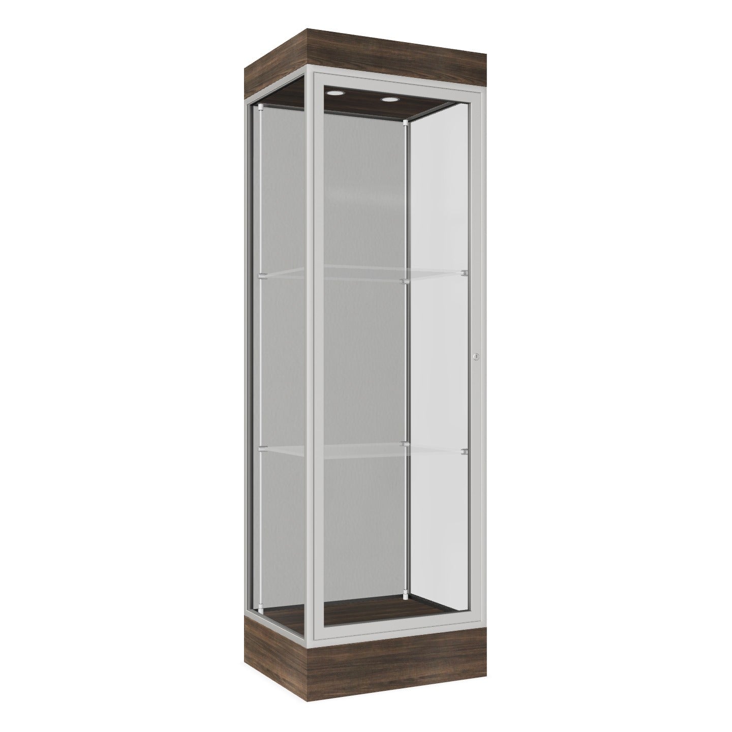 Ghent Edge Floor Display Case Lighted 6"H Laminate Base Finish, Aluminum Frame - 76"H x 24"W x 20"D (91LFXX)