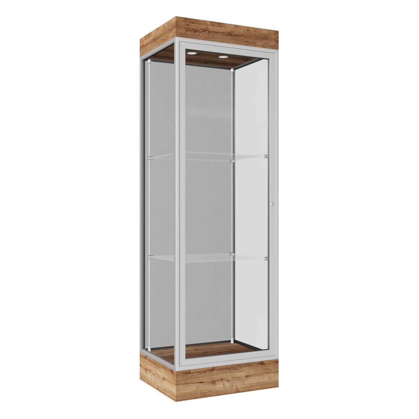 Ghent Edge Floor Display Case Lighted 6"H Laminate Base Finish, Aluminum Frame - 76"H x 24"W x 20"D (91LFXX)
