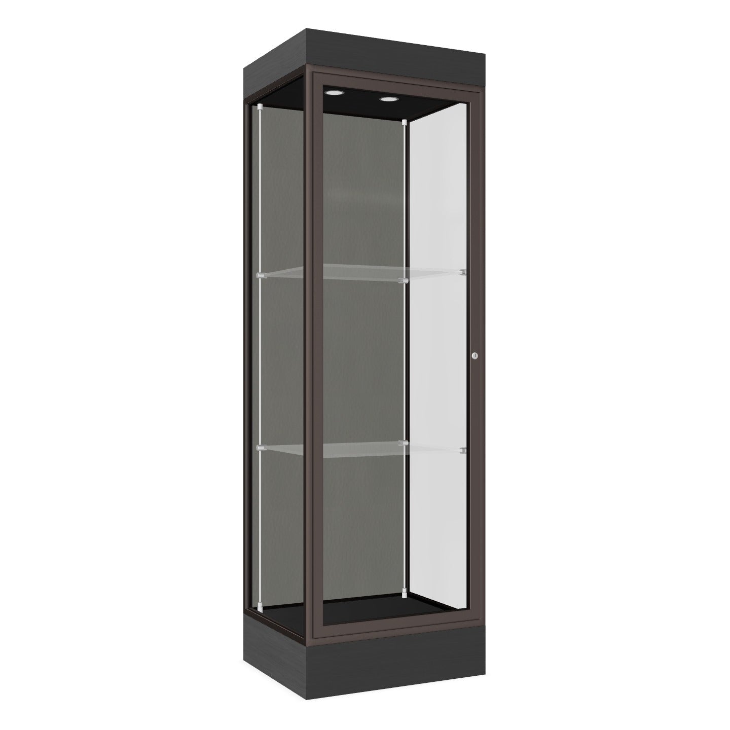 Ghent Edge Floor Display Case Lighted 6"H Laminate Base Finish, Aluminum Frame - 76"H x 24"W x 20"D (91LFXX)