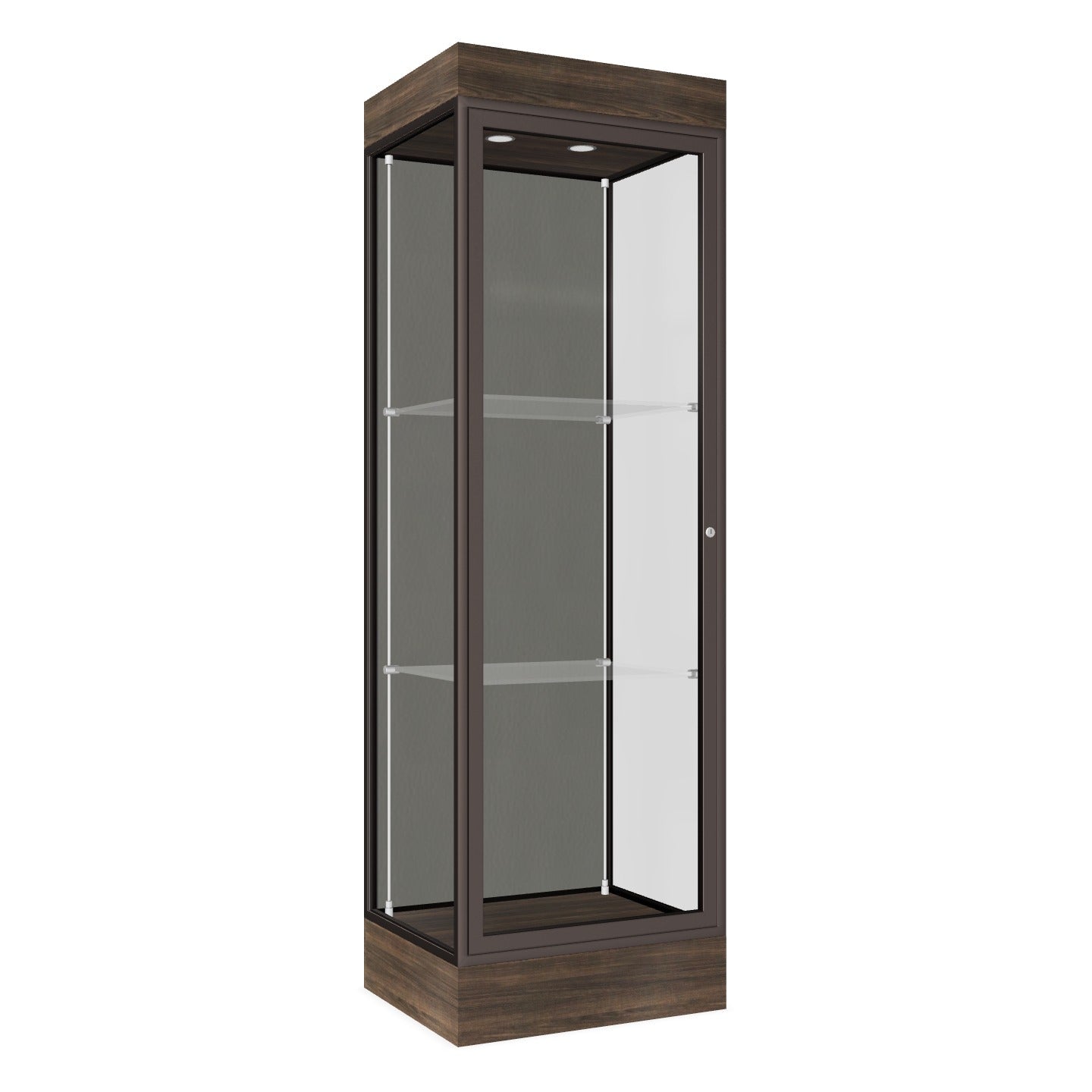 Ghent Edge Floor Display Case Lighted 6"H Laminate Base Finish, Aluminum Frame - 76"H x 24"W x 20"D (91LFXX)