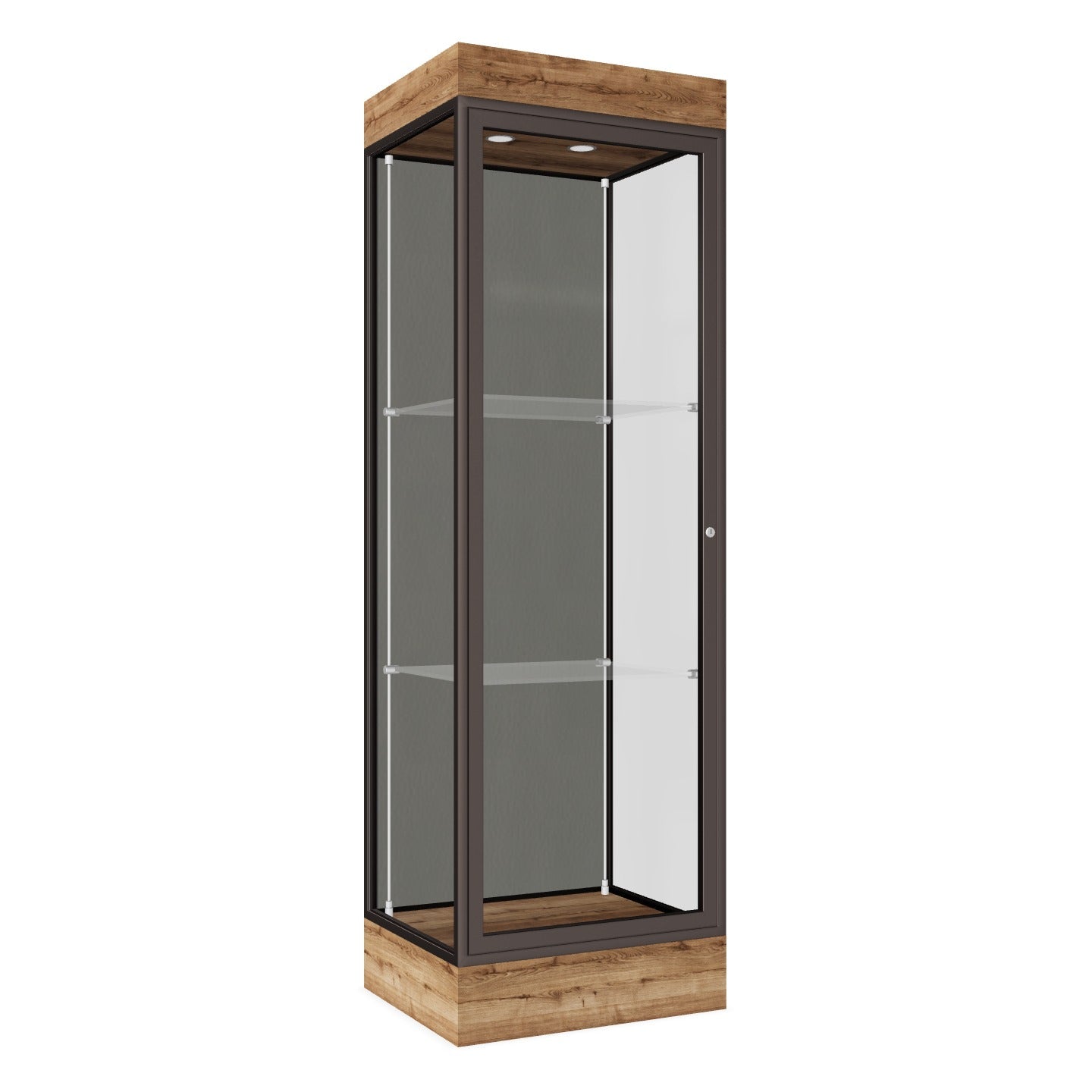 Ghent Edge Floor Display Case Lighted 6"H Laminate Base Finish, Aluminum Frame - 76"H x 24"W x 20"D (91LFXX)