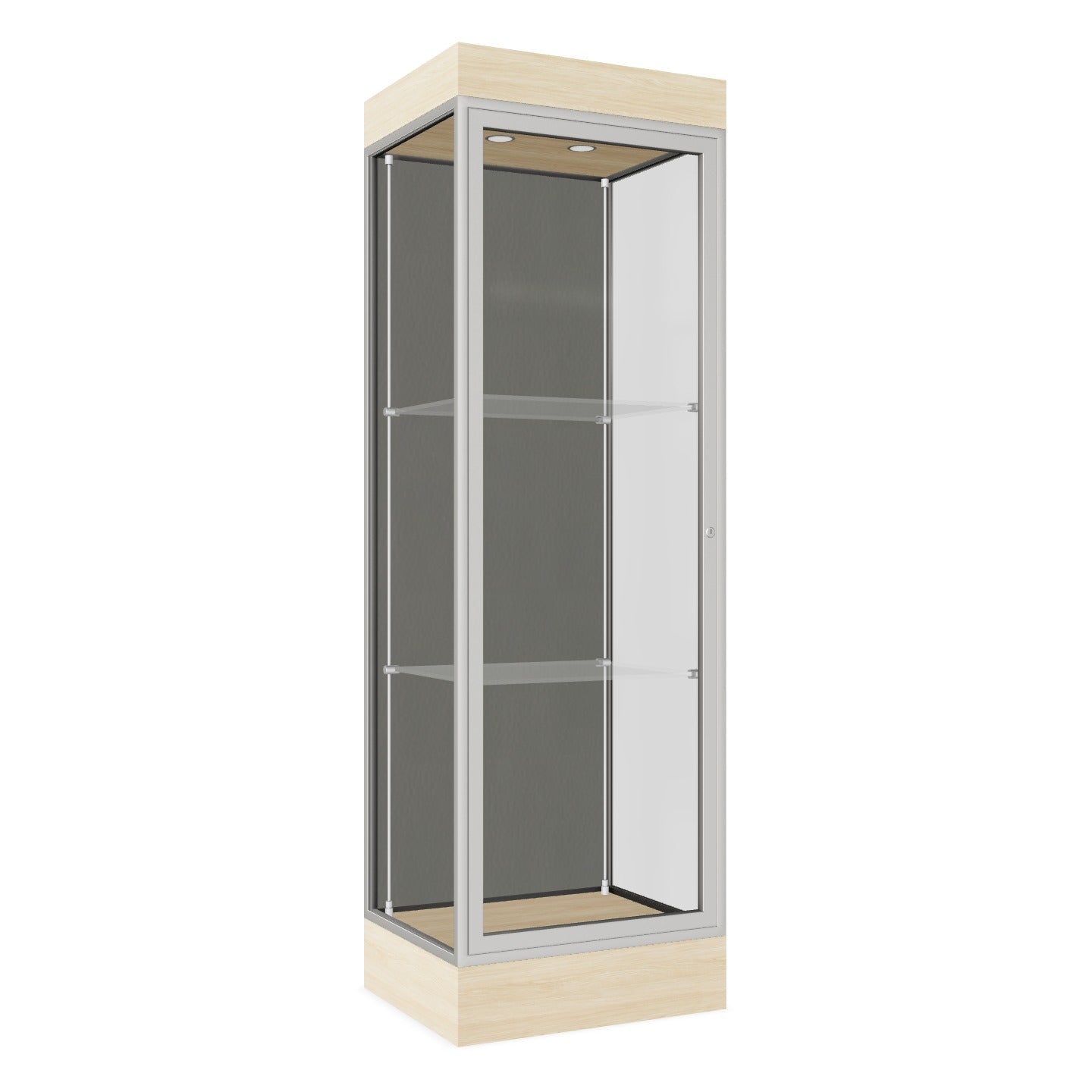 Ghent Edge Floor Display Case Lighted 6"H Laminate Base Finish, Aluminum Frame - 76"H x 24"W x 20"D (91LFXX)