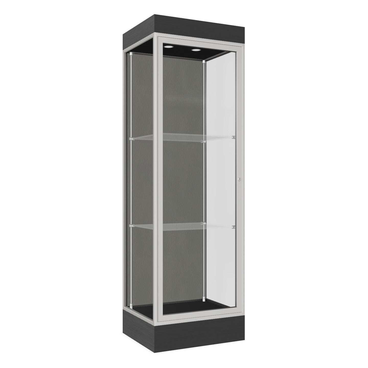 Ghent Edge Floor Display Case Lighted 6"H Laminate Base Finish, Aluminum Frame - 76"H x 24"W x 20"D (91LFXX)