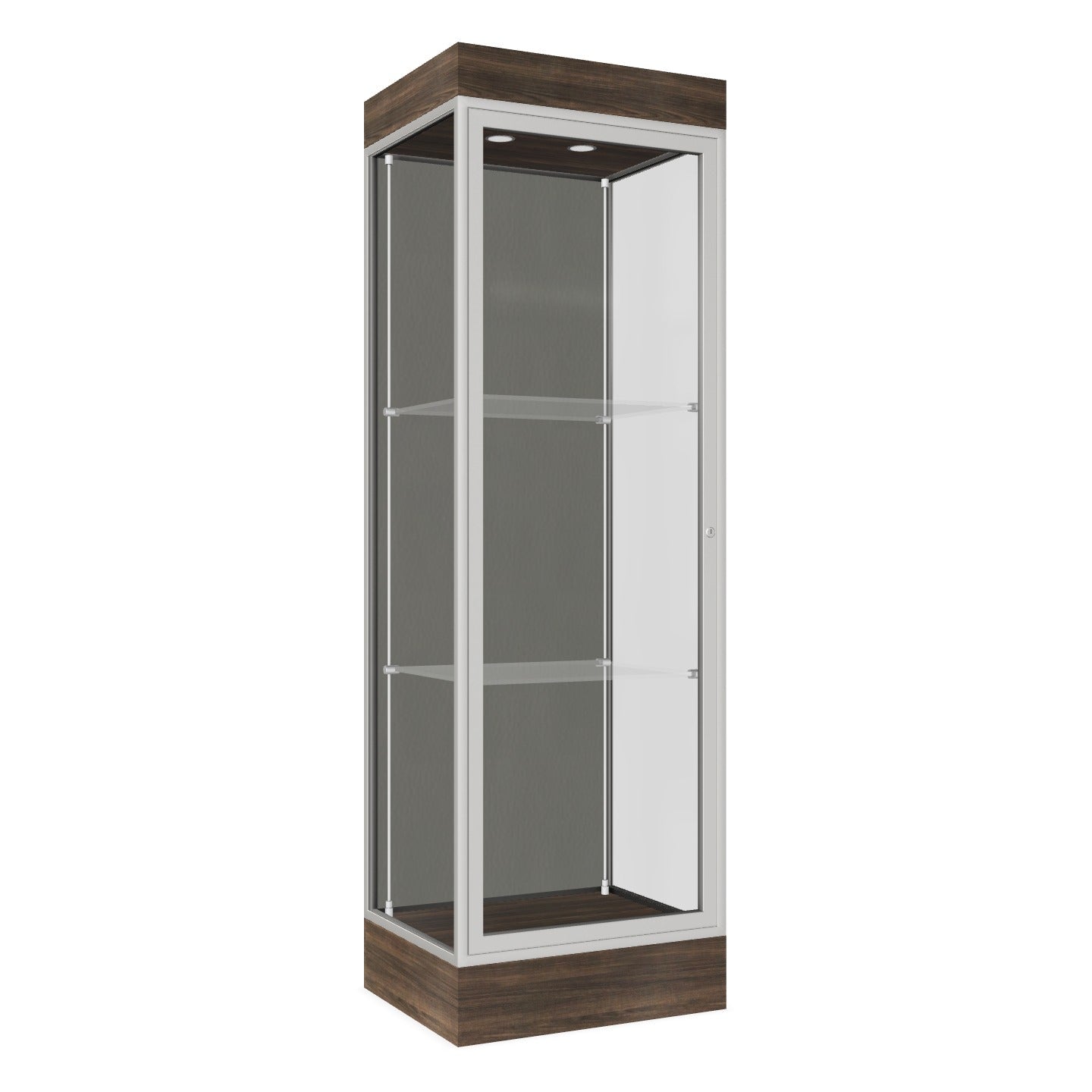 Ghent Edge Floor Display Case Lighted 6"H Laminate Base Finish, Aluminum Frame - 76"H x 24"W x 20"D (91LFXX)