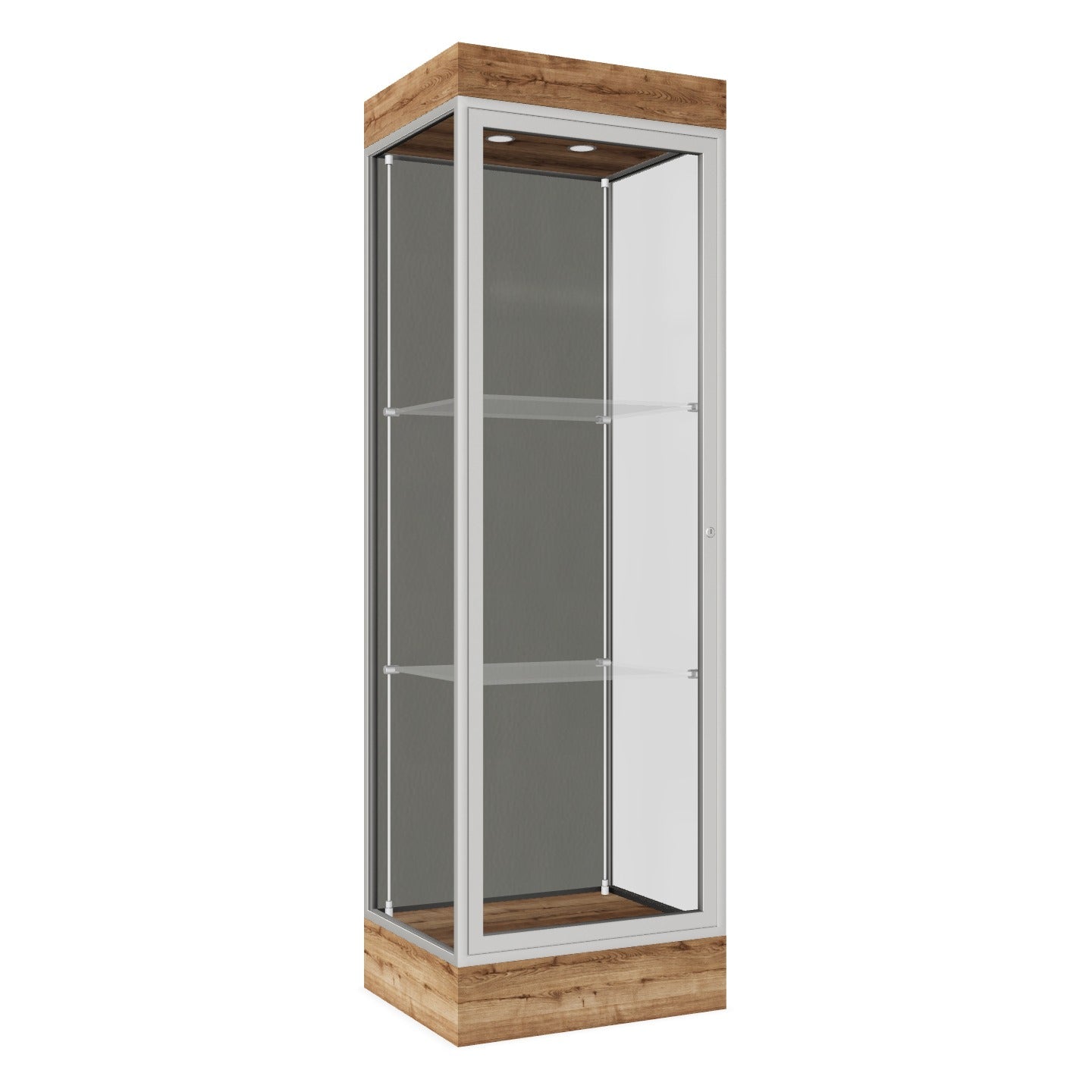 Ghent Edge Floor Display Case Lighted 6"H Laminate Base Finish, Aluminum Frame - 76"H x 24"W x 20"D (91LFXX)