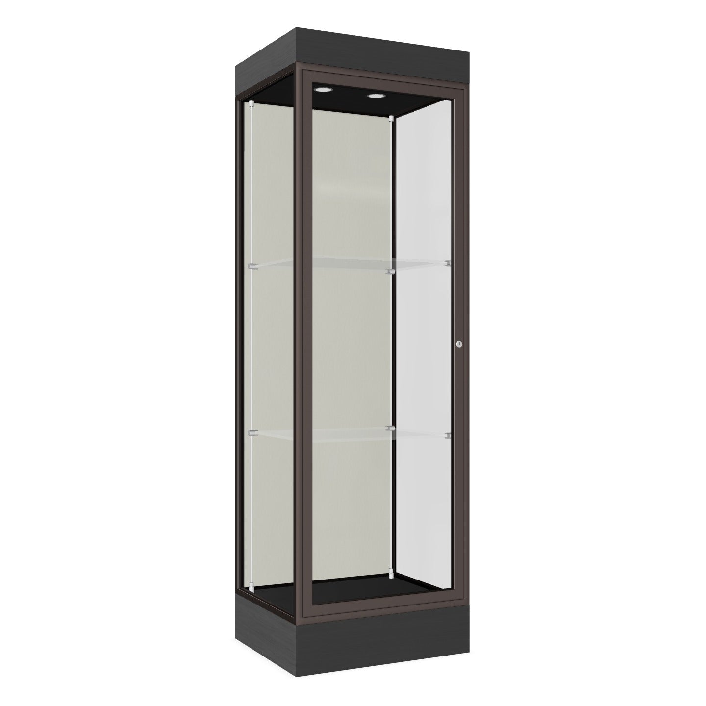Ghent Edge Floor Display Case Lighted 6"H Laminate Base Finish, Aluminum Frame - 76"H x 24"W x 20"D (91LFXX)