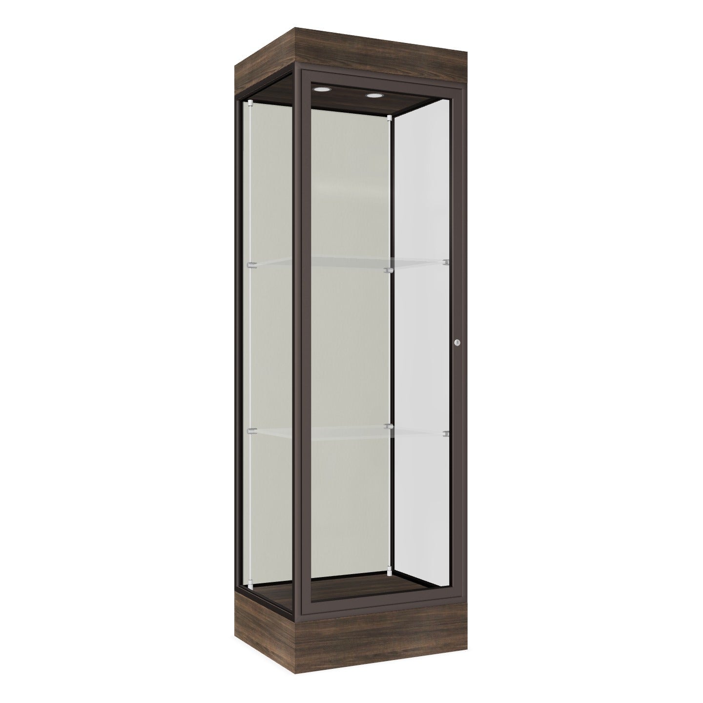 Ghent Edge Floor Display Case Lighted 6"H Laminate Base Finish, Aluminum Frame - 76"H x 24"W x 20"D (91LFXX)