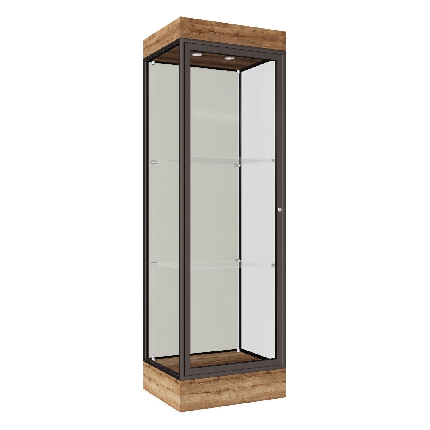 Ghent Edge Floor Display Case Lighted 6"H Laminate Base Finish, Aluminum Frame - 76"H x 24"W x 20"D (91LFXX)