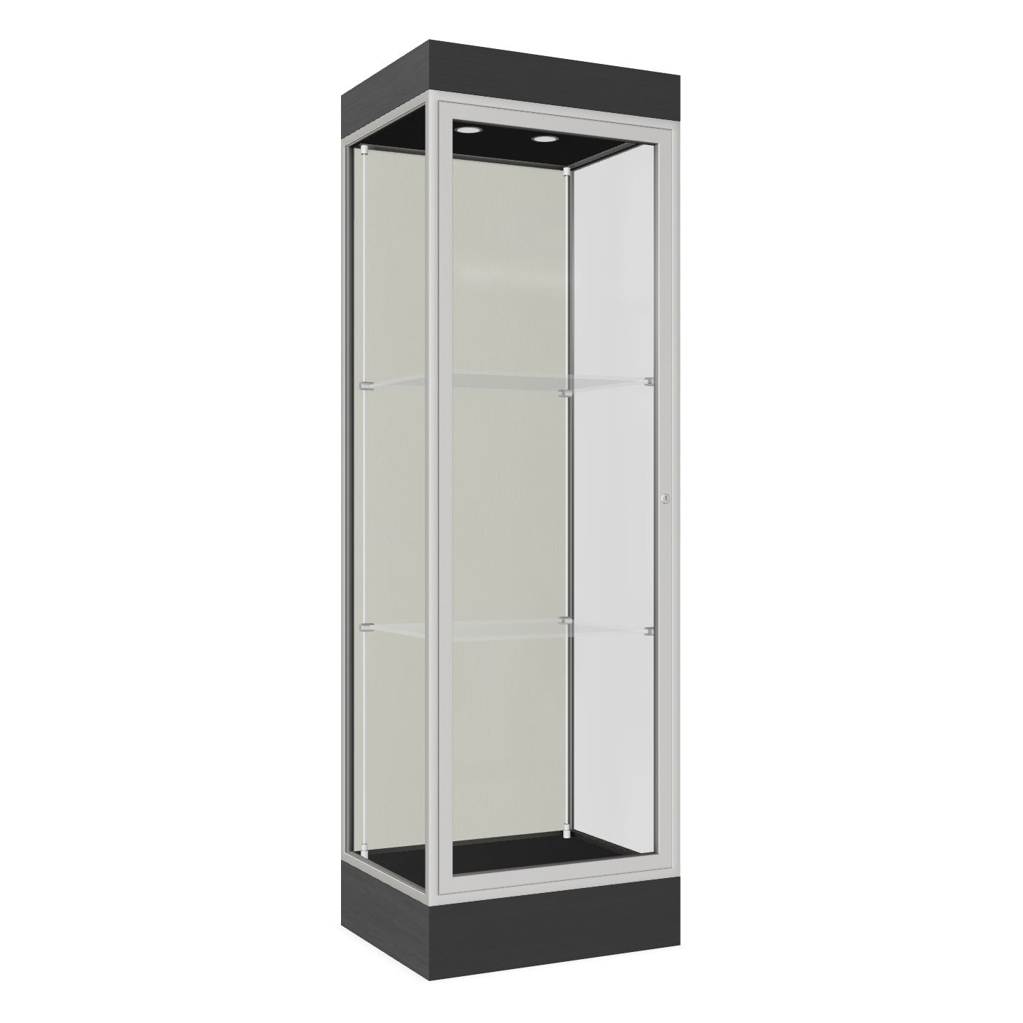 Ghent Edge Floor Display Case Lighted 6"H Laminate Base Finish, Aluminum Frame - 76"H x 24"W x 20"D (91LFXX)