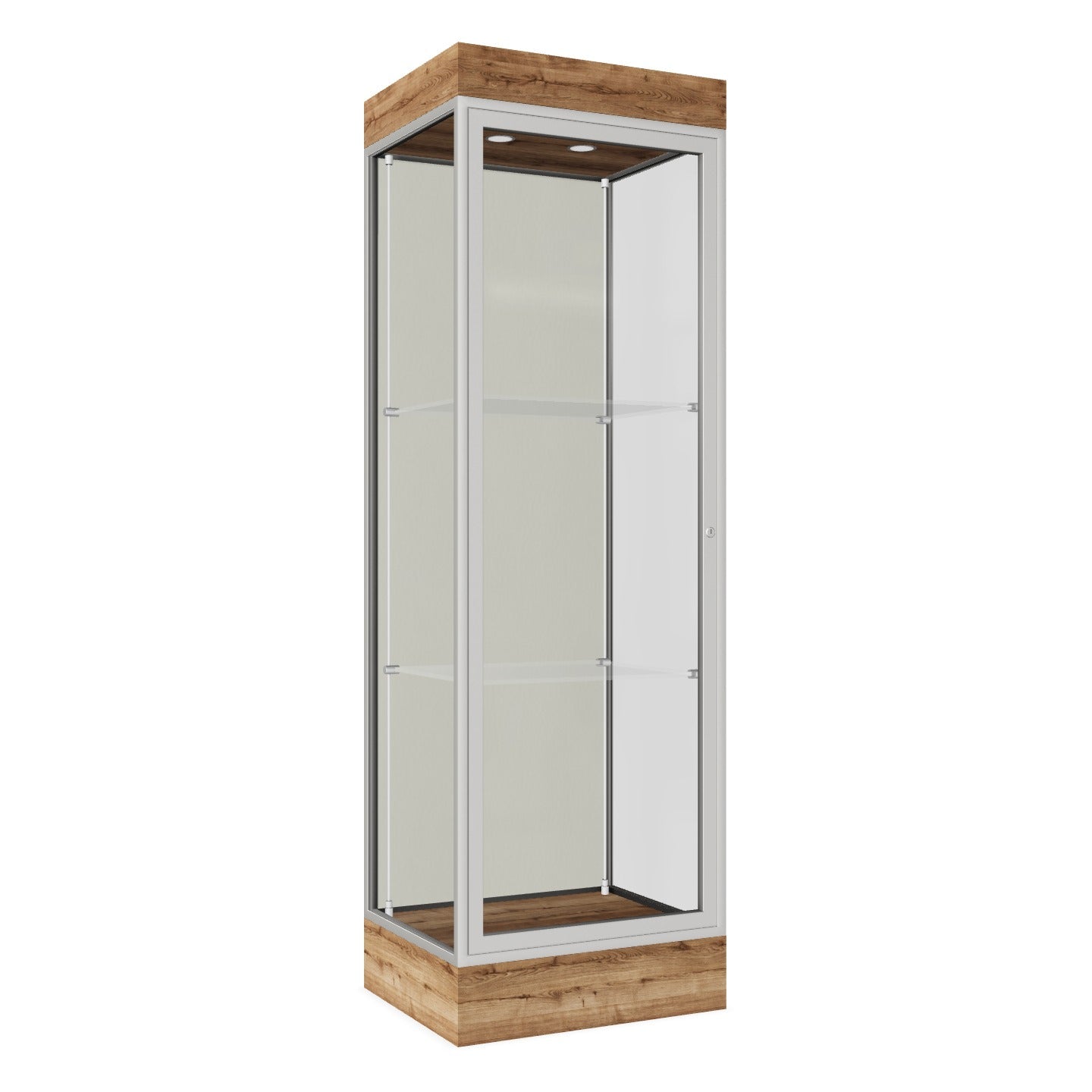 Ghent Edge Floor Display Case Lighted 6"H Laminate Base Finish, Aluminum Frame - 76"H x 24"W x 20"D (91LFXX)