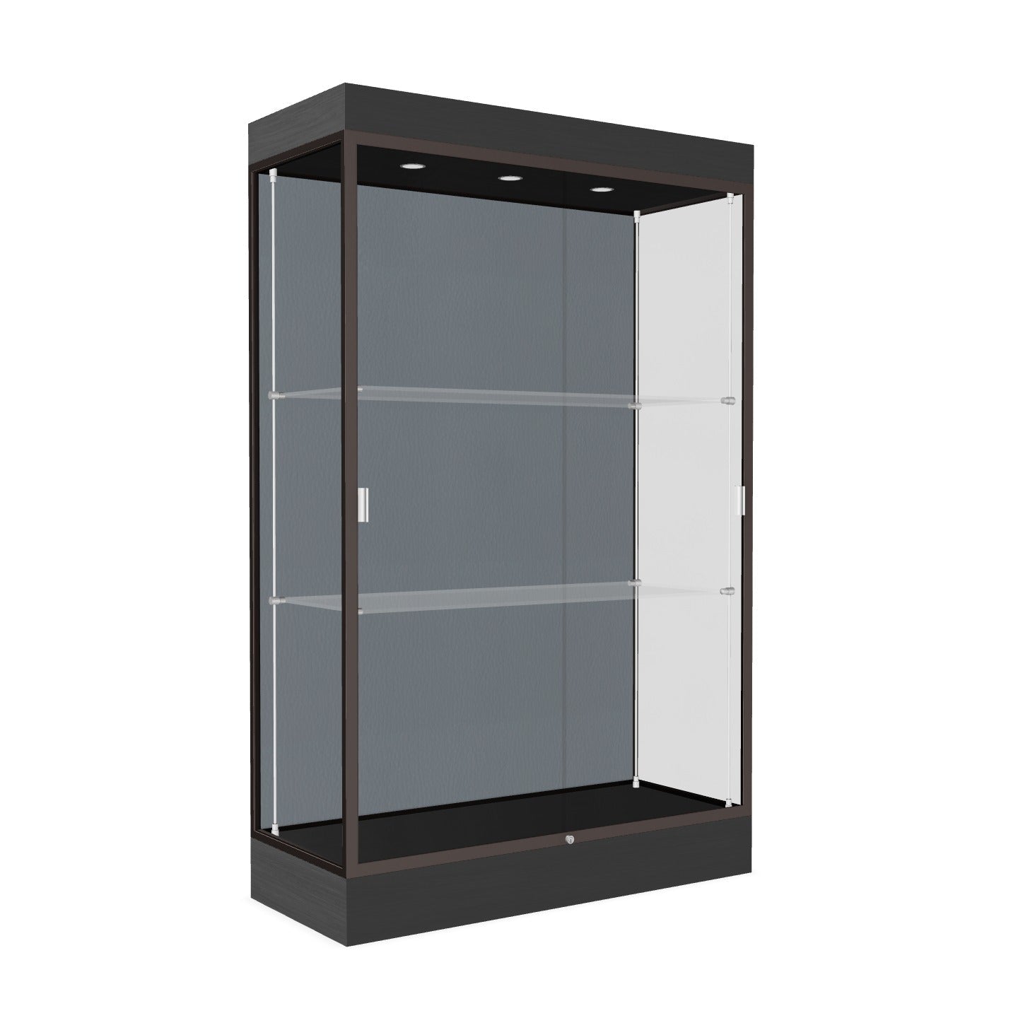 Ghent Edge Floor Display Case Lighted 6"H Laminate Base Finish, Aluminum Frame - 76"H x 48"W x 20"D (92LFXX)