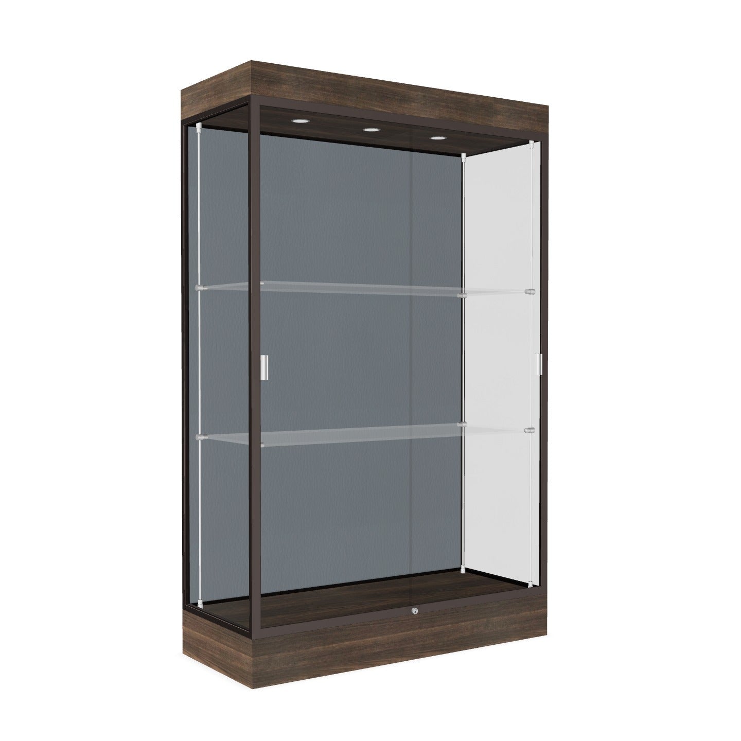 Ghent Edge Floor Display Case Lighted 6"H Laminate Base Finish, Aluminum Frame - 76"H x 48"W x 20"D (92LFXX)