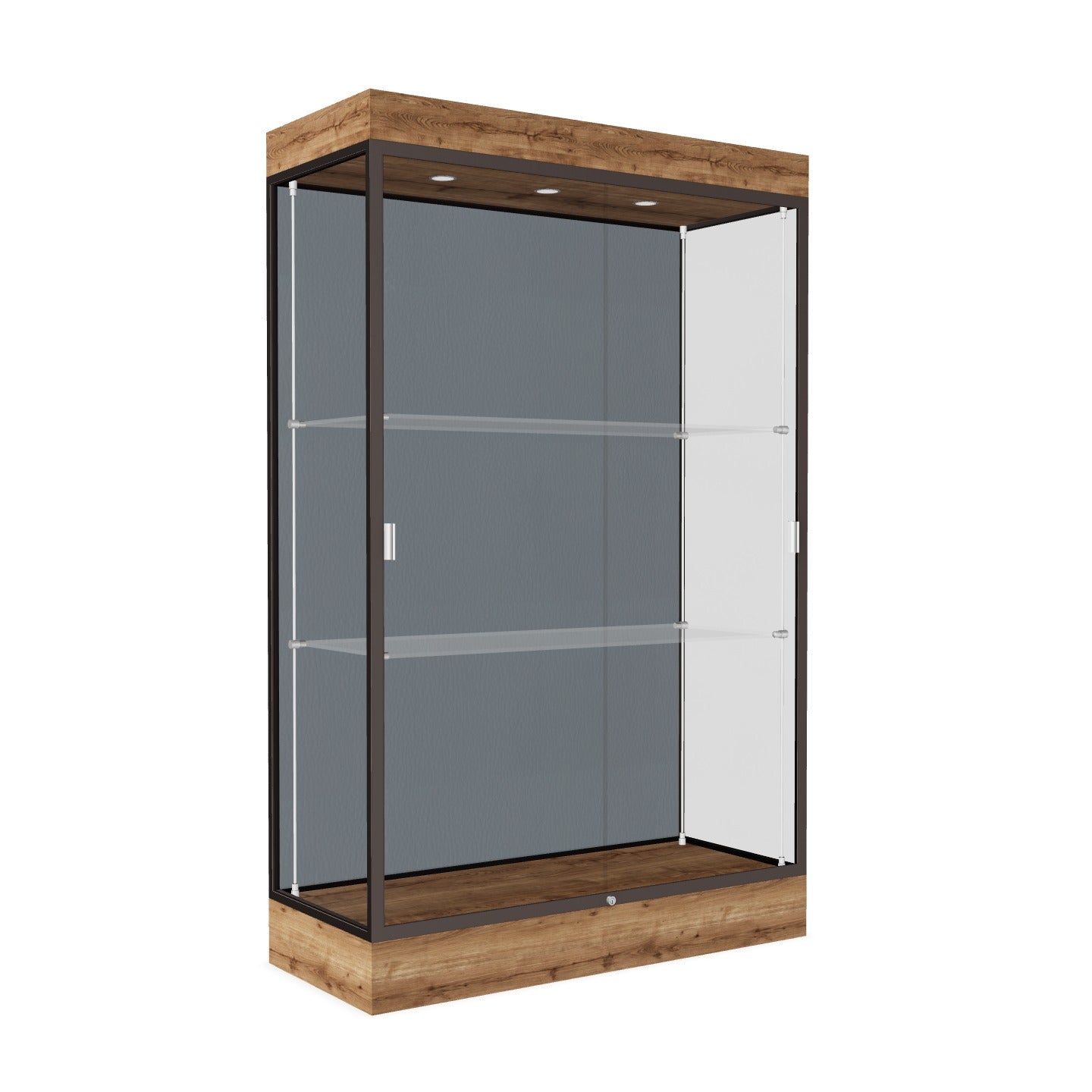 Ghent Edge Floor Display Case Lighted 6"H Laminate Base Finish, Aluminum Frame - 76"H x 48"W x 20"D (92LFXX)